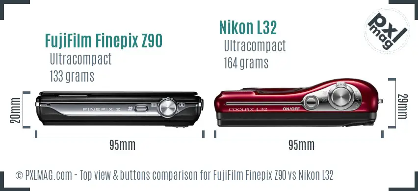 FujiFilm Finepix Z90 vs Nikon L32 top view buttons comparison