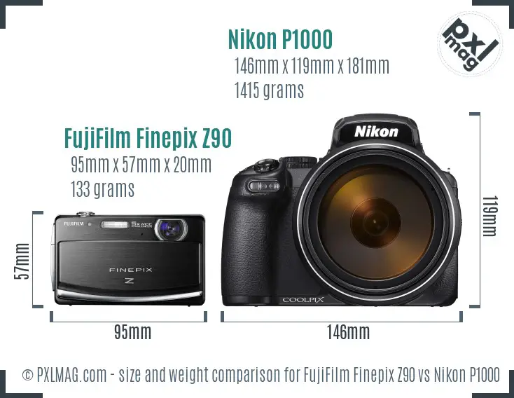 FujiFilm Finepix Z90 vs Nikon P1000 size comparison