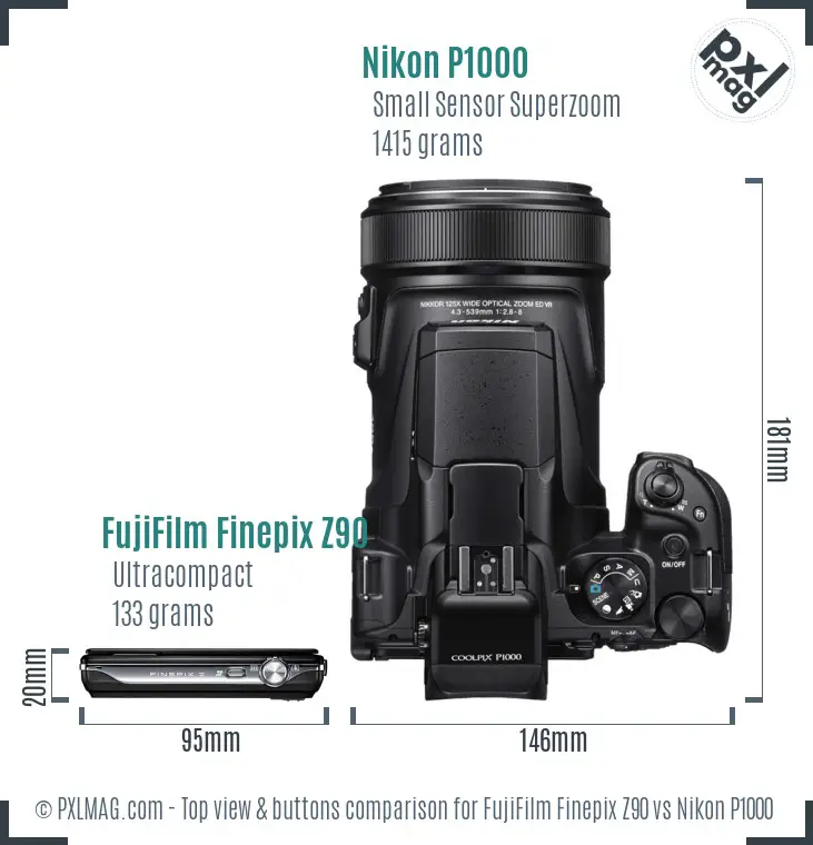 FujiFilm Finepix Z90 vs Nikon P1000 top view buttons comparison