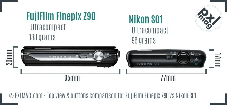 FujiFilm Finepix Z90 vs Nikon S01 top view buttons comparison