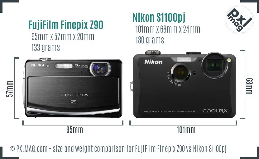 FujiFilm Finepix Z90 vs Nikon S1100pj size comparison