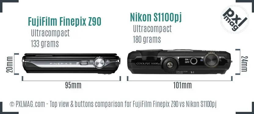 FujiFilm Finepix Z90 vs Nikon S1100pj top view buttons comparison
