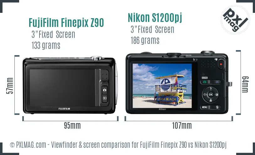 FujiFilm Finepix Z90 vs Nikon S1200pj Screen and Viewfinder comparison