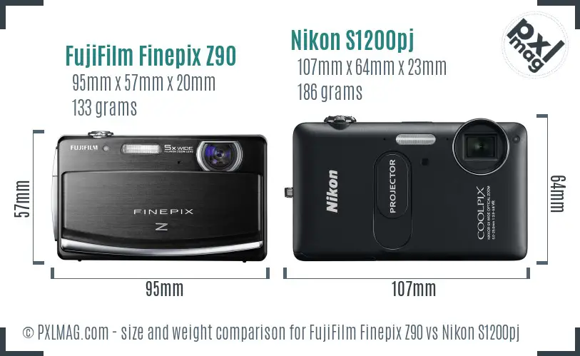 FujiFilm Finepix Z90 vs Nikon S1200pj size comparison