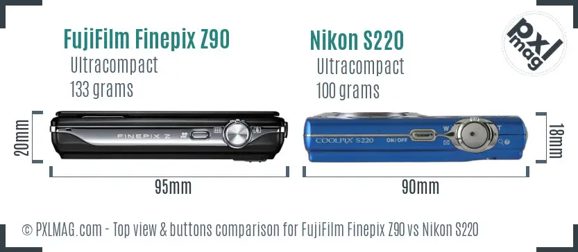 FujiFilm Finepix Z90 vs Nikon S220 top view buttons comparison