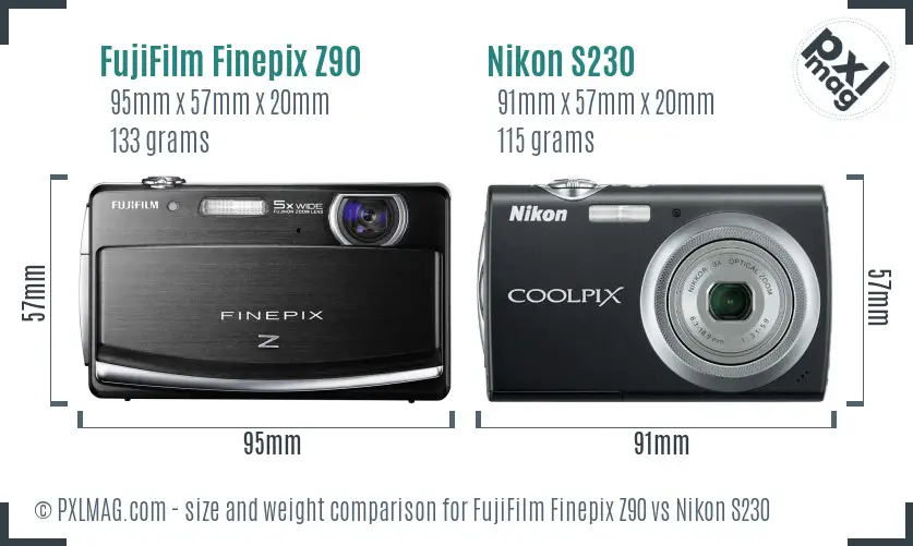 FujiFilm Finepix Z90 vs Nikon S230 size comparison