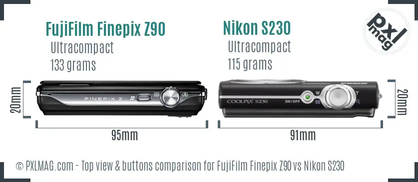 FujiFilm Finepix Z90 vs Nikon S230 top view buttons comparison