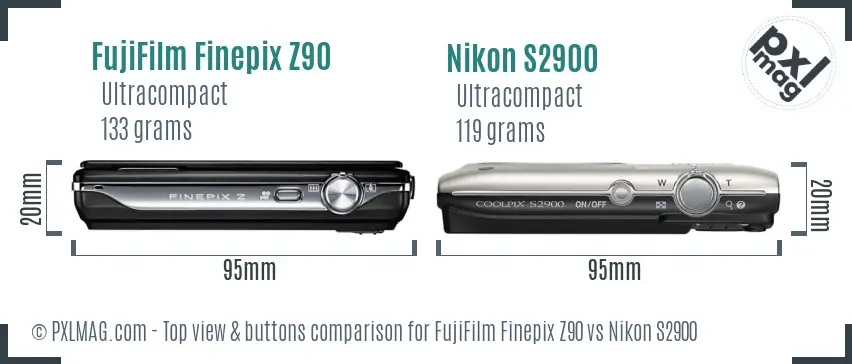 FujiFilm Finepix Z90 vs Nikon S2900 top view buttons comparison
