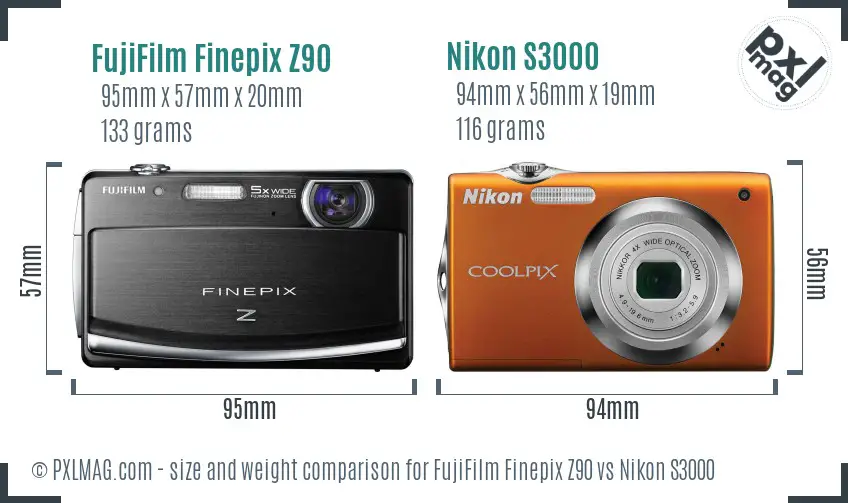 FujiFilm Finepix Z90 vs Nikon S3000 size comparison