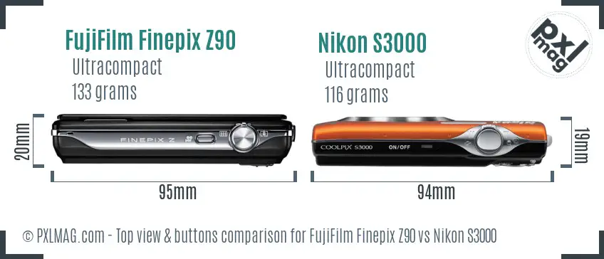 FujiFilm Finepix Z90 vs Nikon S3000 top view buttons comparison
