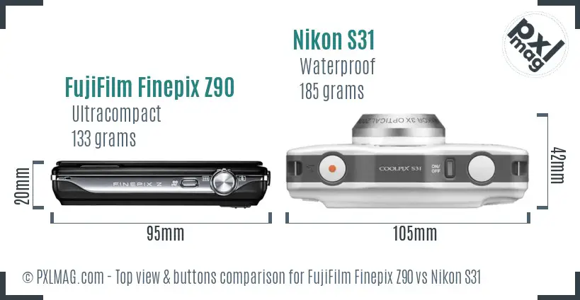 FujiFilm Finepix Z90 vs Nikon S31 top view buttons comparison