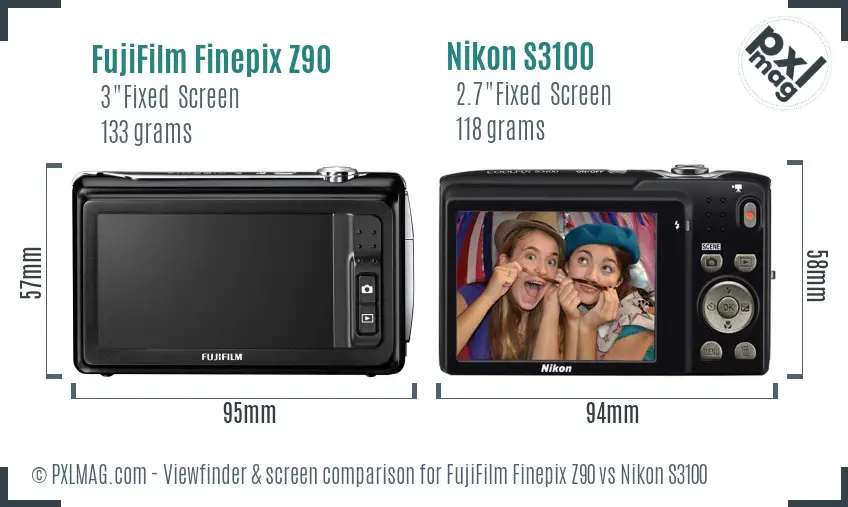 FujiFilm Finepix Z90 vs Nikon S3100 Screen and Viewfinder comparison