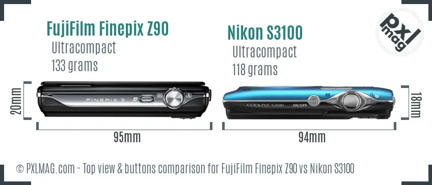 FujiFilm Finepix Z90 vs Nikon S3100 top view buttons comparison