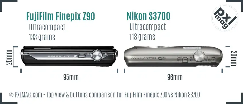 FujiFilm Finepix Z90 vs Nikon S3700 top view buttons comparison