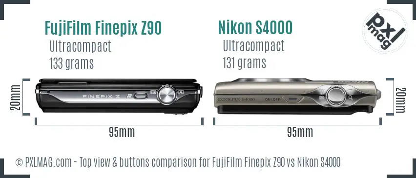 FujiFilm Finepix Z90 vs Nikon S4000 top view buttons comparison
