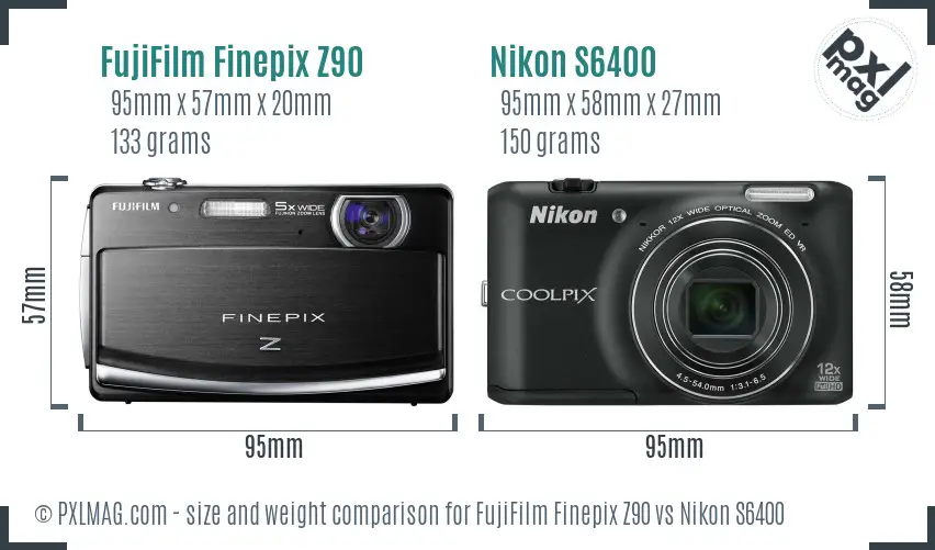 FujiFilm Finepix Z90 vs Nikon S6400 size comparison