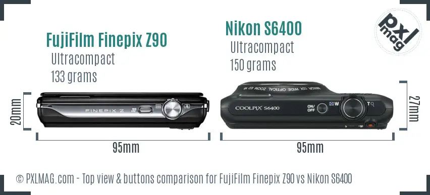FujiFilm Finepix Z90 vs Nikon S6400 top view buttons comparison