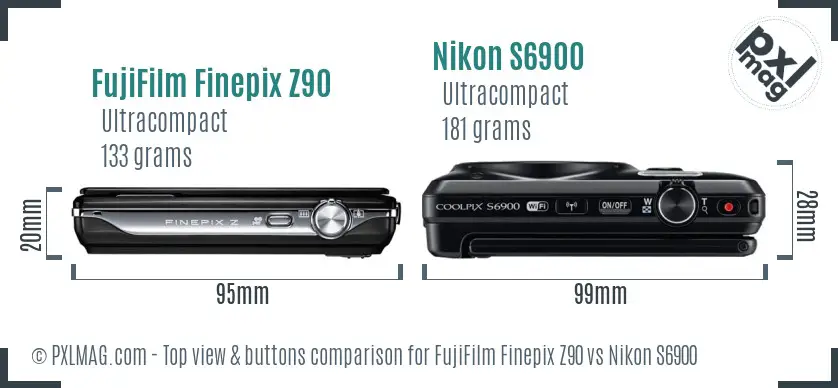 FujiFilm Finepix Z90 vs Nikon S6900 top view buttons comparison