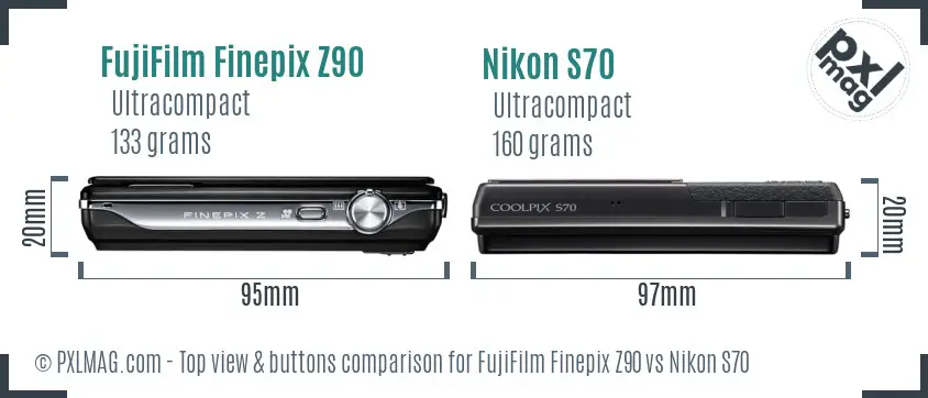 FujiFilm Finepix Z90 vs Nikon S70 top view buttons comparison