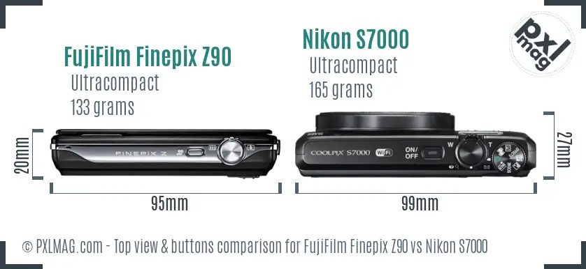 FujiFilm Finepix Z90 vs Nikon S7000 top view buttons comparison