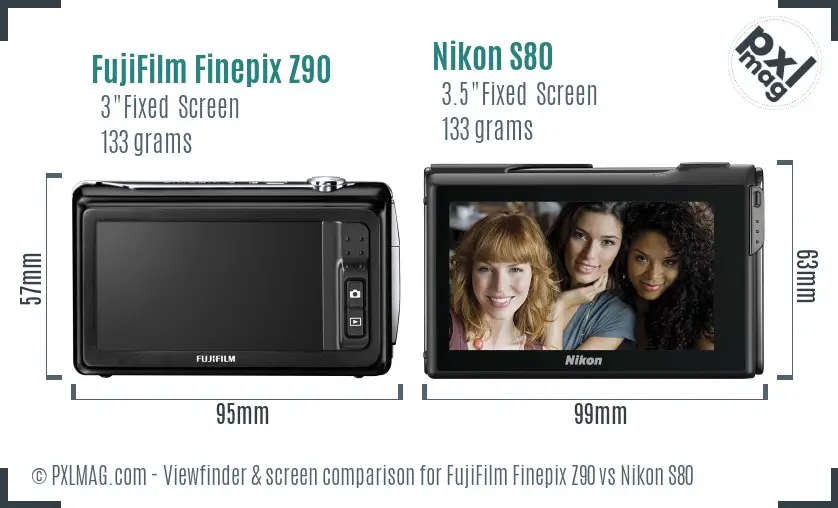 FujiFilm Finepix Z90 vs Nikon S80 Screen and Viewfinder comparison