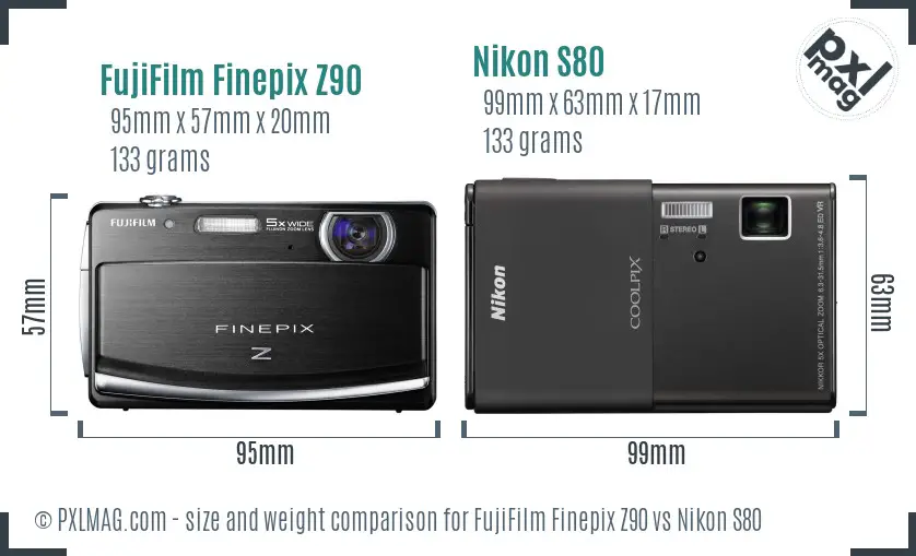 FujiFilm Finepix Z90 vs Nikon S80 size comparison