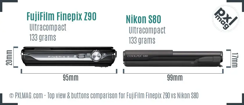 FujiFilm Finepix Z90 vs Nikon S80 top view buttons comparison