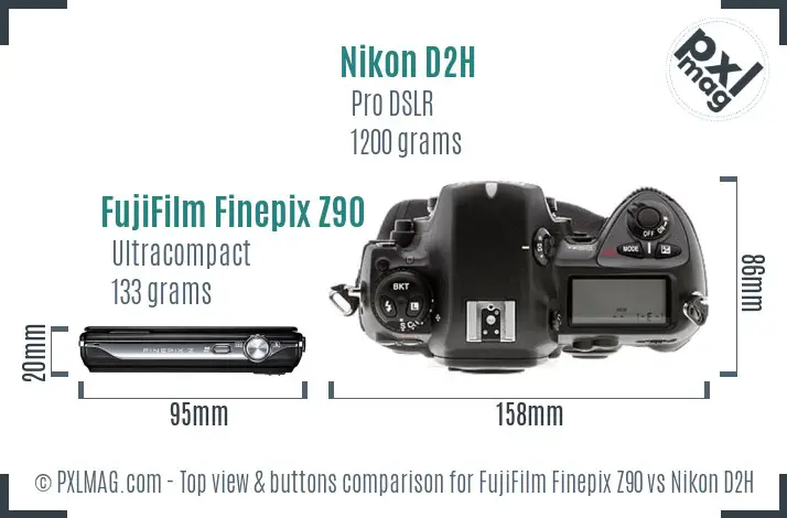 FujiFilm Finepix Z90 vs Nikon D2H top view buttons comparison