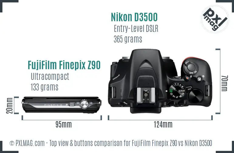 FujiFilm Finepix Z90 vs Nikon D3500 top view buttons comparison