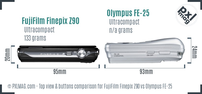 FujiFilm Finepix Z90 vs Olympus FE-25 top view buttons comparison