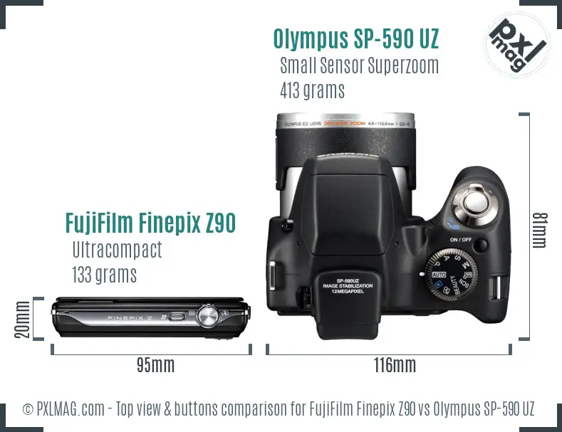 FujiFilm Finepix Z90 vs Olympus SP-590 UZ top view buttons comparison