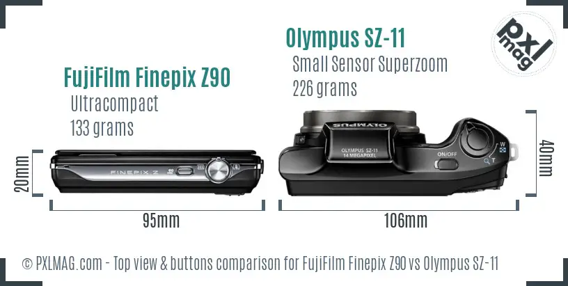 FujiFilm Finepix Z90 vs Olympus SZ-11 top view buttons comparison