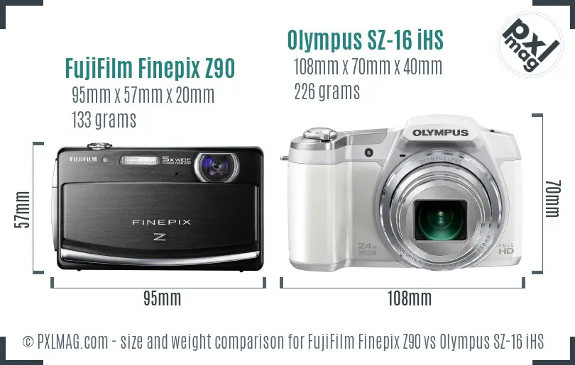 FujiFilm Finepix Z90 vs Olympus SZ-16 iHS size comparison