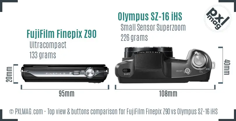 FujiFilm Finepix Z90 vs Olympus SZ-16 iHS top view buttons comparison