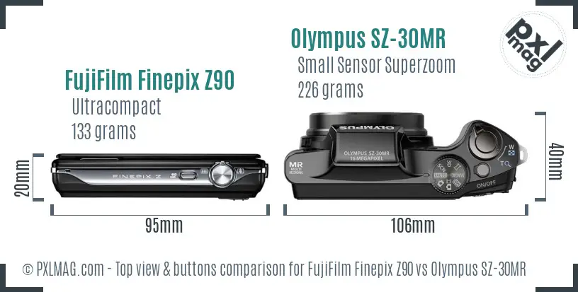 FujiFilm Finepix Z90 vs Olympus SZ-30MR top view buttons comparison