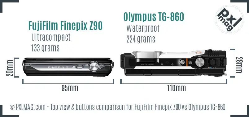 FujiFilm Finepix Z90 vs Olympus TG-860 top view buttons comparison FujiFilm Finepix Z90 vs Olympus TG-860 top view buttons comparison