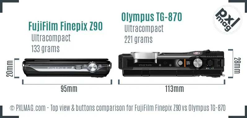 FujiFilm Finepix Z90 vs Olympus TG-870 top view buttons comparison