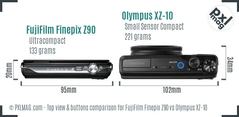 FujiFilm Finepix Z90 vs Olympus XZ-10 top view buttons comparison