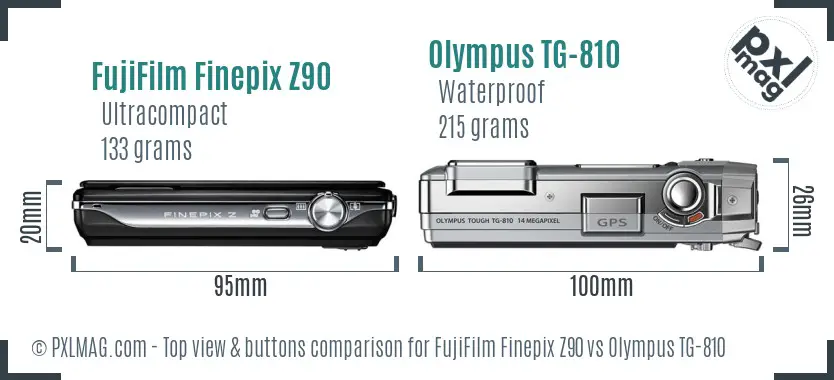 FujiFilm Finepix Z90 vs Olympus TG-810 top view buttons comparison FujiFilm Finepix Z90 vs Olympus TG-810 top view buttons comparison