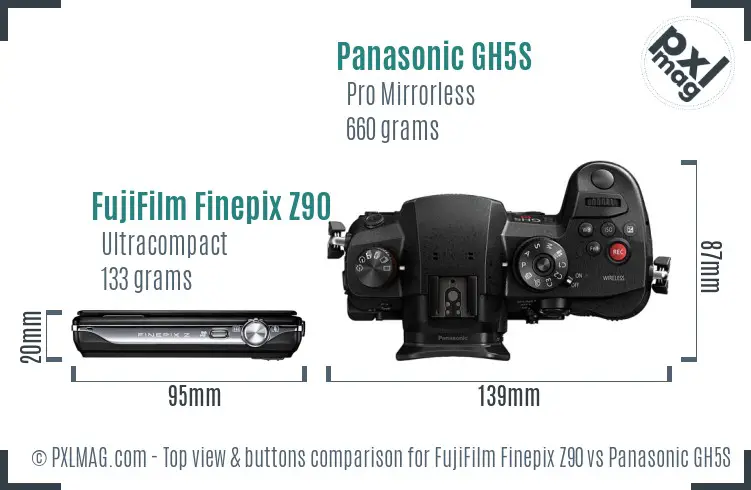 FujiFilm Finepix Z90 vs Panasonic GH5S top view buttons comparison