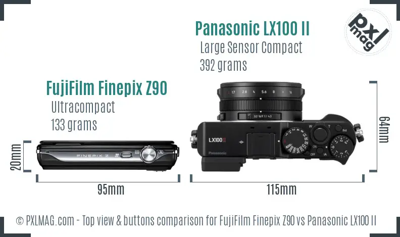 FujiFilm Finepix Z90 vs Panasonic LX100 II top view buttons comparison