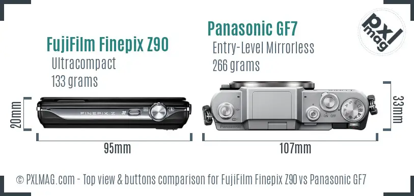 FujiFilm Finepix Z90 vs Panasonic GF7 top view buttons comparison