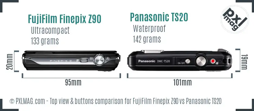 FujiFilm Finepix Z90 vs Panasonic TS20 top view buttons comparison