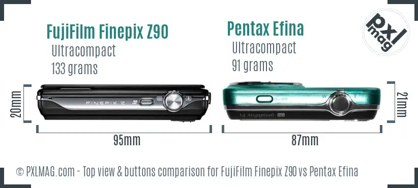 FujiFilm Finepix Z90 vs Pentax Efina top view buttons comparison