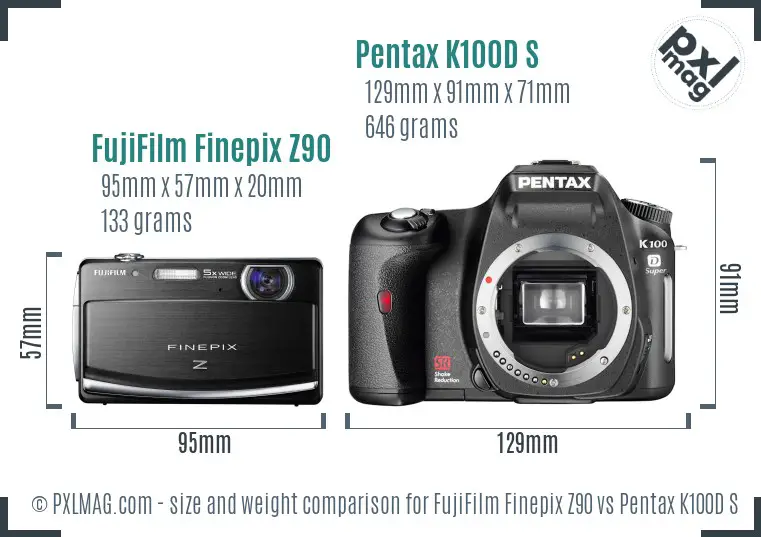 FujiFilm Finepix Z90 vs Pentax K100D S size comparison