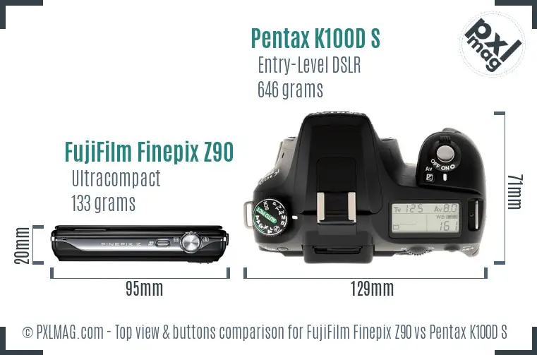 FujiFilm Finepix Z90 vs Pentax K100D S top view buttons comparison
