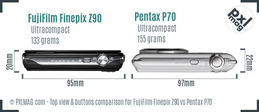 FujiFilm Finepix Z90 vs Pentax P70 top view buttons comparison