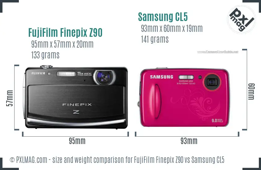 FujiFilm Finepix Z90 vs Samsung CL5 size comparison