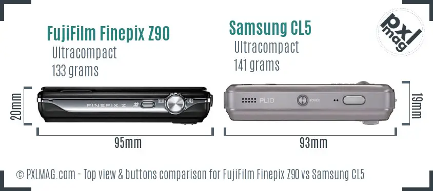 FujiFilm Finepix Z90 vs Samsung CL5 top view buttons comparison