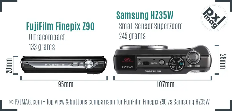 FujiFilm Finepix Z90 vs Samsung HZ35W top view buttons comparison